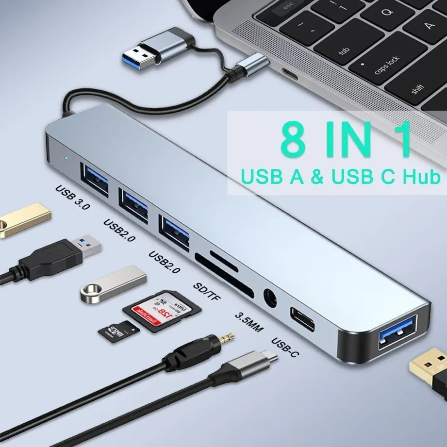 8-in-2 USB-C Hub — Multi-Port Adapter with SD/TF Card Reader