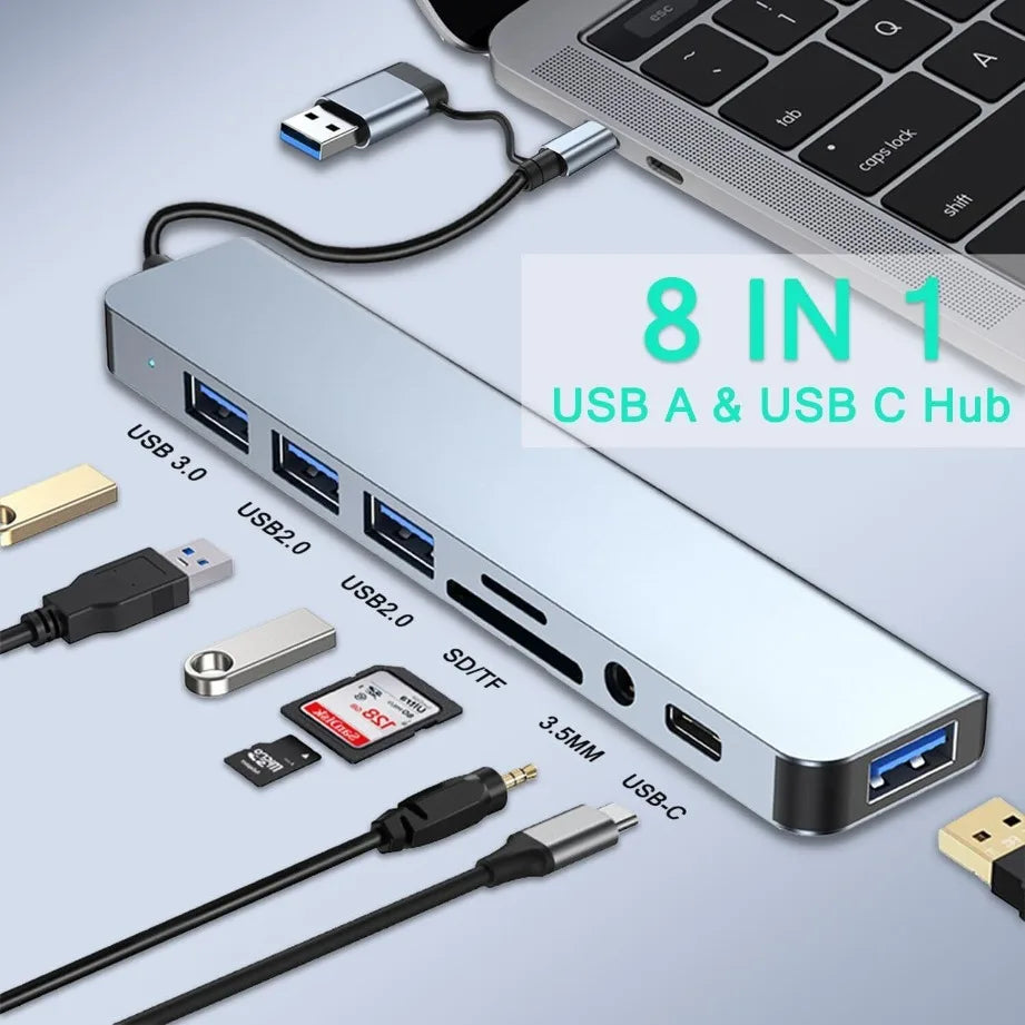 8-in-2 USB-C Hub — Multi-Port Adapter with SD/TF Card Reader