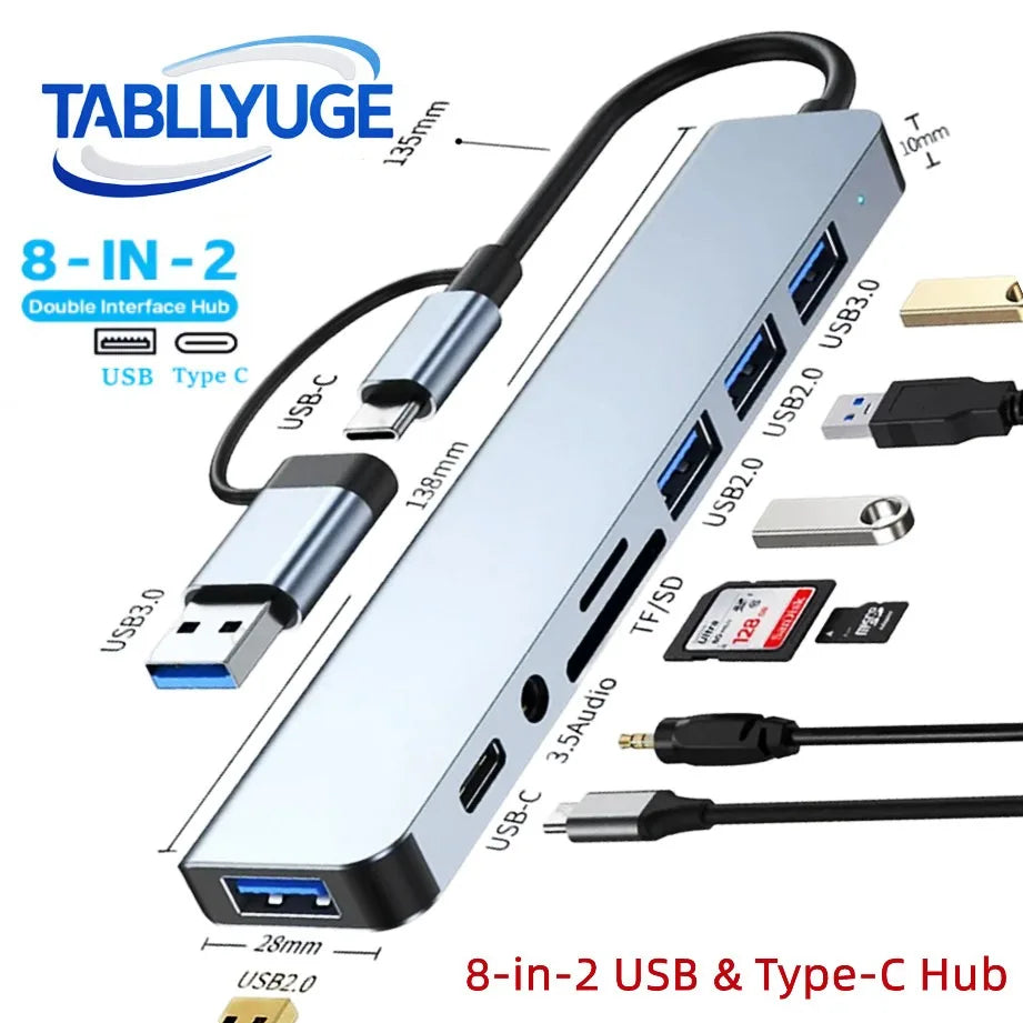 8-in-2 USB-C Hub — Multi-Port Adapter with SD/TF Card Reader