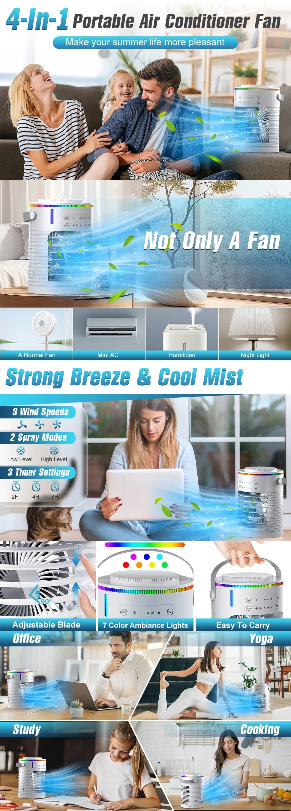 Portable Mini Air Cooler & Humidifier with LED Night Light