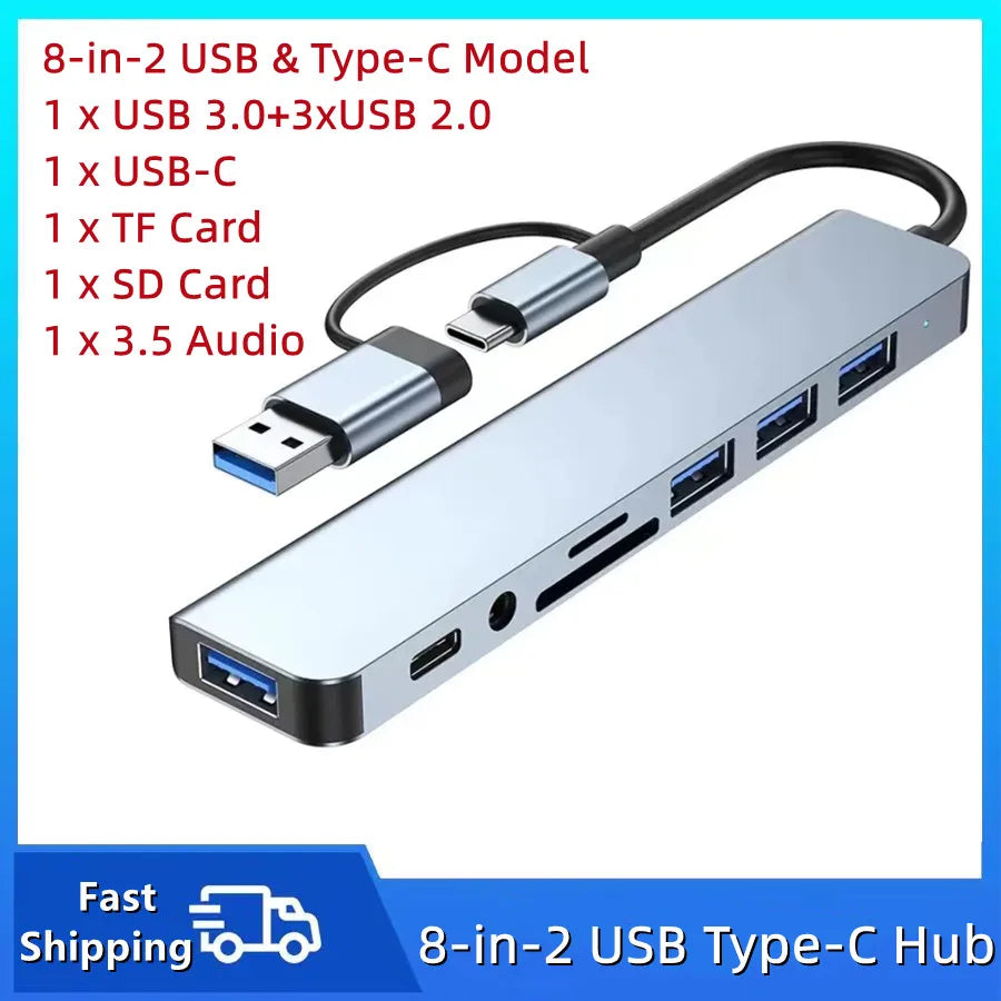 8-in-2 USB-C Hub — Multi-Port Adapter with SD/TF Card Reader